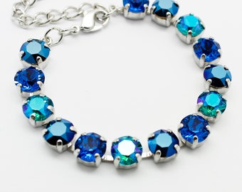 Blue Bracelet Rhodium, Chaton  Crystal Adjustable Chain Bracelet, Modern Sparkle Blue Jewelry, Something Blue Bridesmaids Gift