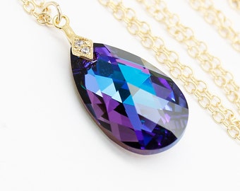 Purple Blue Necklace Pendant, Pear 22 mm Heliotrope  Crystal Cubic Zirconia Sterling Gold Cobalt Violet Bridal Bridesmaids Jewelry