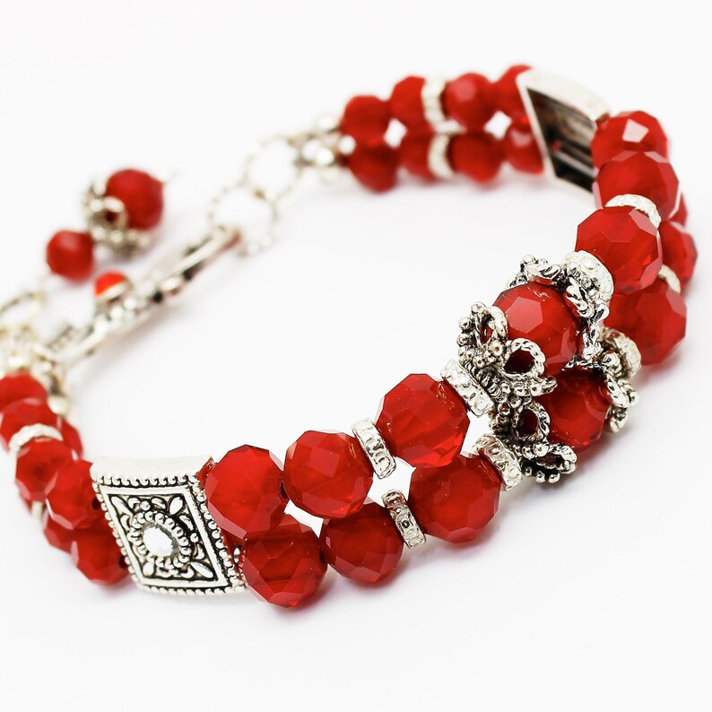 Red Double Strand Bracelet, Red Crystals Victorian Bracelet, Adjustable Bracelet, Antique Silver Plated Bridal Evening Victorian Red Jewelry image 1