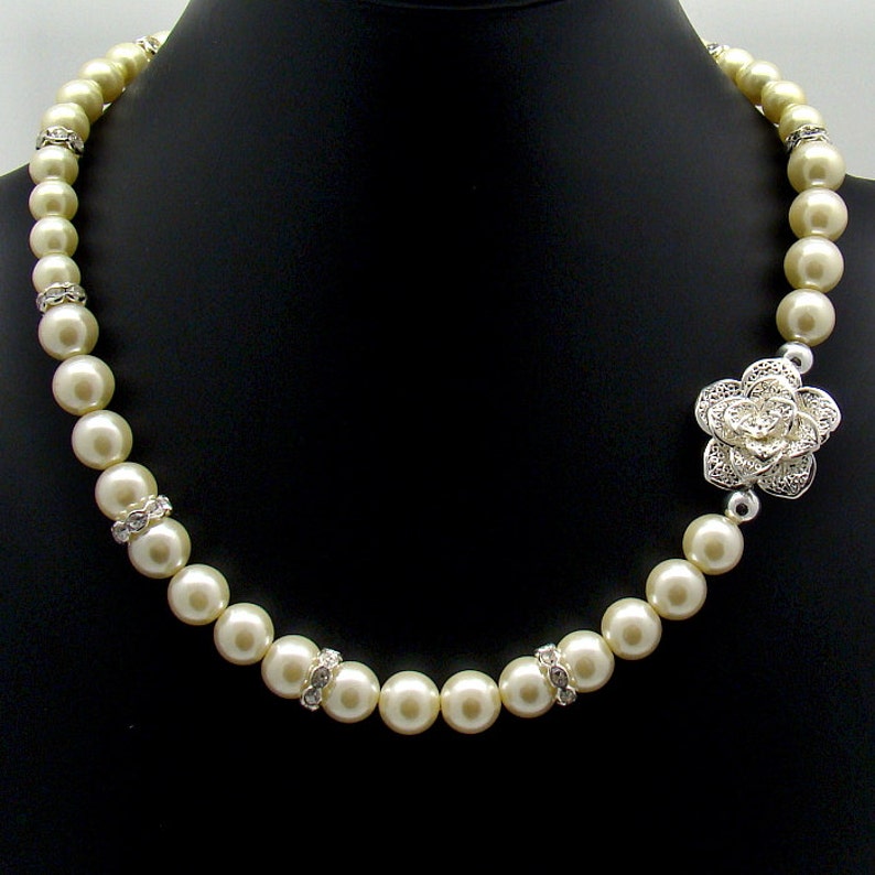 Cream Pearls Jewelry Set Bridal Filigree Flower Rose Necklace - Etsy