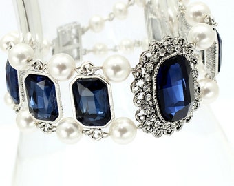 Pulsera victoriana de perlas de cristal azul real, brazalete con broche de doble vuelta, joyería de zafiro blanco, joyería nupcial llamativa