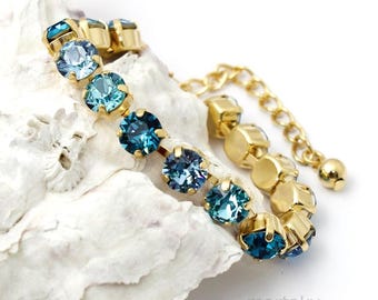 Pulseira turquesa azul-petróleo com detalhes em ouro amarelo, joias com strass e cristais brilhantes, pulseira de tênis com corrente ajustável, joias azuis.