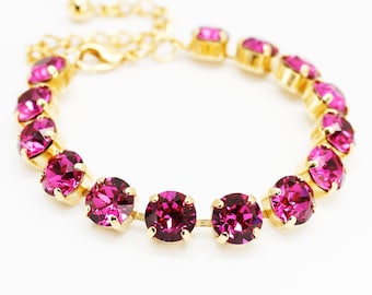Pulseira de tênis rosa fúcsia, ouro amarelo, prata, pulseira ajustável com corrente de strass rubi rosa, joias para noivas, madrinhas e casamentos
