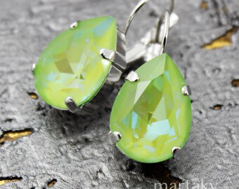 Lime Crystal Earrings Rhodium Green Earrings, Modern Casual Jewelry, Pear Drop Dangle Crystal, Bridal Bridesmaids Wedding Jewelry