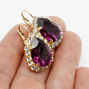 Purple European Crystal Earrings Gold, Eggplant Jewelry, Pear Dangle Drop Lever Back, Rhinestone Bridal Earring, Wedding, Bridesmaids Gift