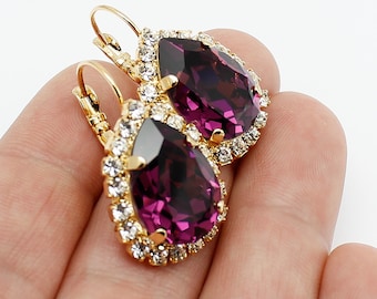 Purple Crystal Gold Earrings Gold,Pear Dangle Drop Lever Back, Rhinestone Bridal Wedding Jewelry, Earrings, Eggplant Gift for Women Jewelry