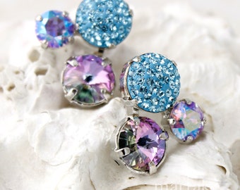 Multi Color Rhinestone Earrings, Turquoise Lavender Crystal Stud, Aqua Blue Violet Statement Earrings, Boho Fashion Casual Women Jewelry