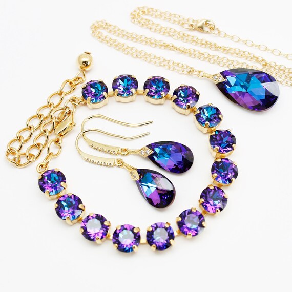 Purple Blue Jewelry Set Gold Necklace Earrings Bracelet CZ Etsy