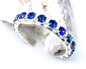 Azurblått kristallarmband, justerbar öppen manschett, Bermuda strass 8 mm Chaton, flerfärgade unisexsmycken, september födelsesten