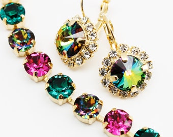 Rainbow Multicolor Rhinestone Earrings Gold or Silver, Peacock Dot Dangling Earrings, Bridal Statement Luxury Jewelry