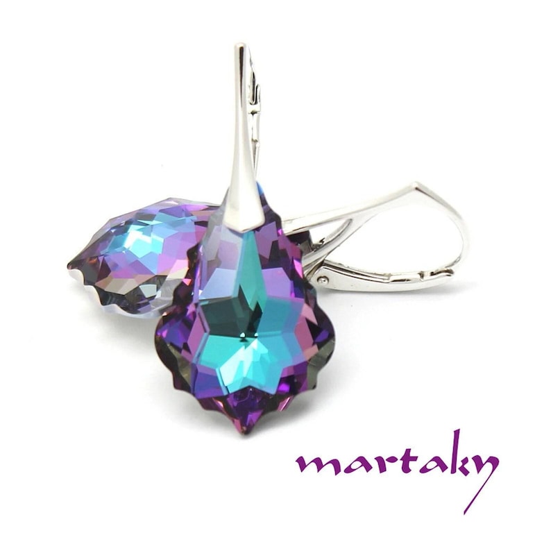 Vitrail Light Crystal Jewelry Set, Sterling Silver 925, Purple Blue Dangle Baroque Earrings, Necklace Pendant image 2
