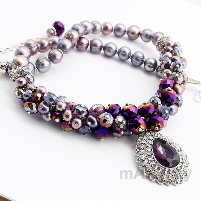 Purple Necklace Statement Eggplant Violet Necklace Pearl Etsy