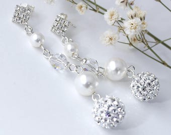 Orecchini lunghi bianchi in argento sterling, con strass, perle e cristalli trasparenti, a grappolo, gioielli da sposa, per matrimonio, anniversario, regalo per donna
