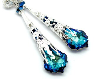 Orecchini lunghi in filigrana vittoriana, orecchini a cono a forma di pavone, gioielli in cristallo barocco blu Bermuda, damigelle d'onore, regalo per donna