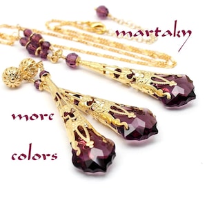 Victorian Purple Gold Jewelry Set, Amethyst Baroque Crystal Necklace Pendant Long Earrings, Steampunk Filigree Cone Romantic Bridal Gift