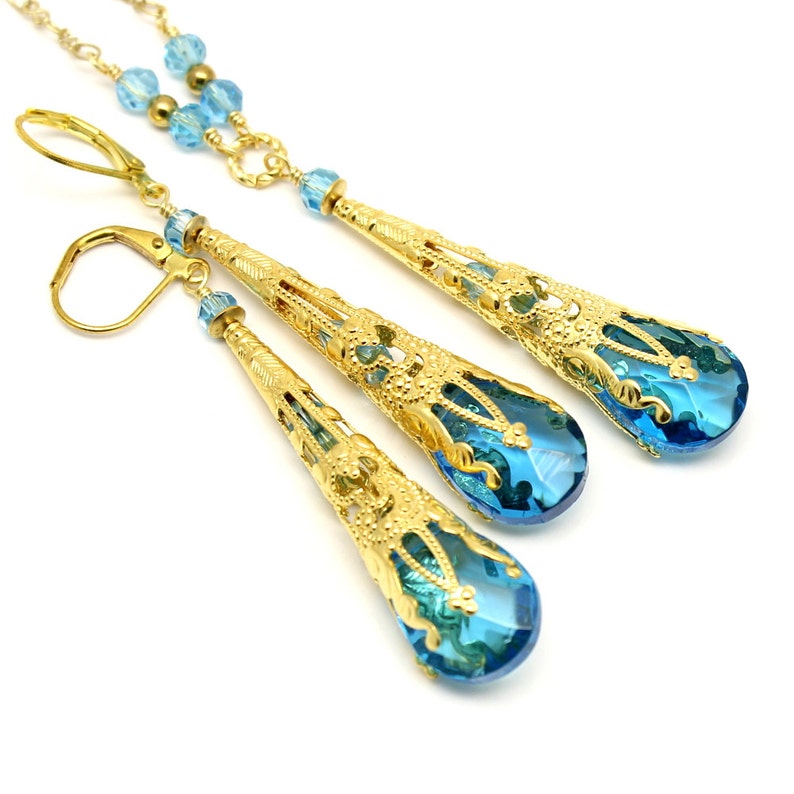 Aqua Blue Crystal Long Earrings, Steampunk Long Earrings, Filigree Cone Earrings, Turquoise Victorian Jewelry, Chandelier, Sapphire Earrings image 3