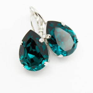 Emerald Green Earrings, Pear Crystal Drop Dangle Lever Back, Modern Casual Jewelry, Bridal Bridesmaid Wedding Jewellery, Women Gift