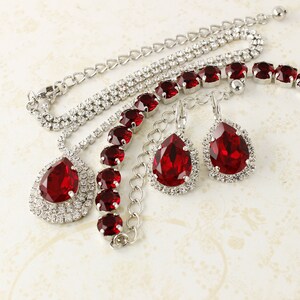 Red Crystal Jewelry, Rhinestone Necklace Pendant, Tennis Adjustable Bracelet, Drop Earrings, Bridal Victorian Jewelry,Siam Luxury Women Gift