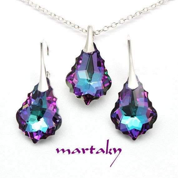 Vitrail Light Crystal Jewelry Set, Sterling Silver 925, Purple Blue Dangle Baroque Earrings, Necklace Pendant