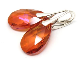Orecchini rosa arancioni a pera astrale da 22 mm in cristallo sterling, orecchini moderni, gioielli minimalisti, gioielli in cristallo