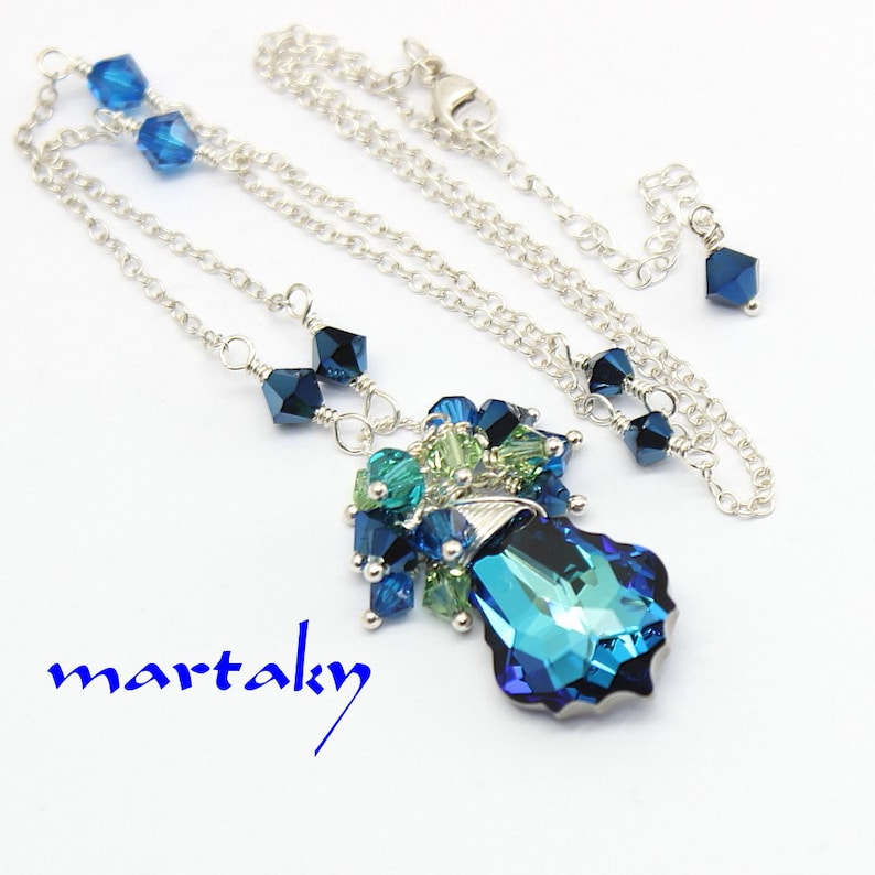 Peacock Crystal Jewelry, Cluster Necklace or Earrings, Bridal Wedding Bermuda Blue Crystal Sterling Azure Multi color Jewelry Royal Blue image 4