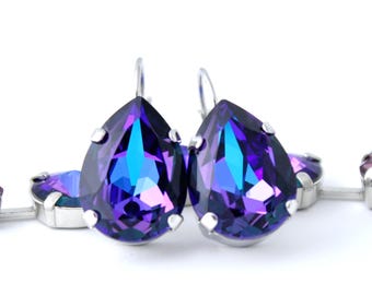 Orecchini in cristallo viola e blu, pera di eliotropio, chiusura a leva, oro rosa giallo, gioielli per tutti i giorni, regalo per sposa, matrimonio, damigelle d'onore