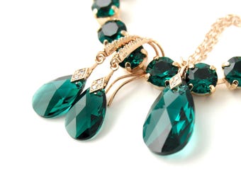 Emerald Green Crystal Jewelry Rose Gold, Dangle Earrings, Necklace Pendant,  Tennis Adjustable Bracelet, Prom Bridal Wedding Jewellery Gift