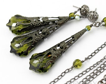Olivine Green Jewelry Set or Separate Items, Gunmetal Black Victorian Filigree Cone Jewelry, Bridal Wedding Steampunk Jewelry, Vintage Style