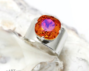 Orangerosa ringfingerring, justerbar ring, astralrosa Swarovski-kristallring modesmycken, sommarblush abstrakt modern brud