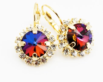 Rainbow Rhinestone Earrings Gold, Bridesmaids Cobalt Blue Purple Topaz Peacock Earrings, Multicolored Dangle Drop Earrings, Bridal Jewelry
