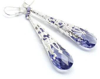 Tanzanitkristall filigrankonörhängen, violett långt örhänge, violett päron 22 mm, viktorianska lila smycken, brudtärnegåva, februaristen