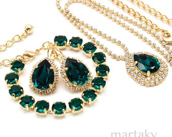 Emerald Green Crystal Jewelry Set, Gold Rhinestone Necklace Pendant, Drop Earrings, Tennis Bracelet, Bridal, Victorian Wedding Jewellery