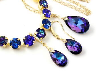 Blue Purple Jewelry Set Yellow Gold: Heliotrope Crystal Necklace, Dangle Earrings, Tennis Bracelet,  Wedding, Bridal Jewellery,Handmade Gift