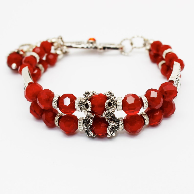 Red Double Strand Bracelet, Red Crystals Victorian Bracelet, Adjustable Bracelet, Antique Silver Plated Bridal Evening Victorian Red Jewelry image 3