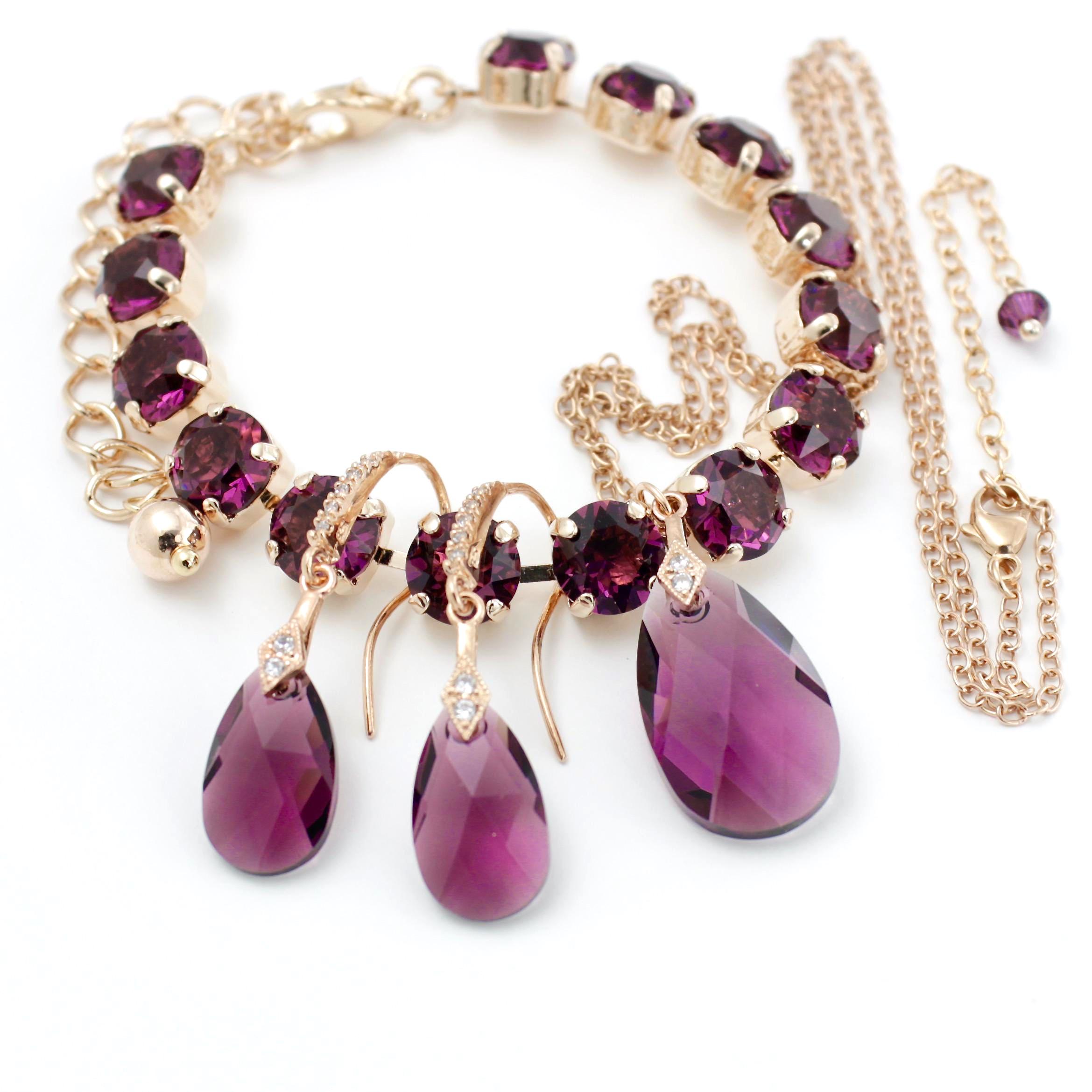 Rose Gold Purple Crystal Jewelry Set, Sterling Silver, Pendant