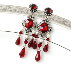 Chandelier Earrings Post, Red Crystal White Pearl Earrings, Crystal Pearl Bridal Victorian Earrings, Statement Wedding Jewelry, Prom Post