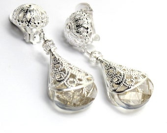Victorian Clip On Earrings, Briolette Beige Crystal Filigree Jewelry, Silver Plated or Gold Cone Clip on, Women Gift,Bridal Accessories