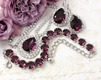 Purple Crystal Jewelry Set/Piece: Eggplant Necklace Pendant, Plum Bracelet, Dangle Earrings, Victorian Jewellery, Bridal, Wedding, Bride