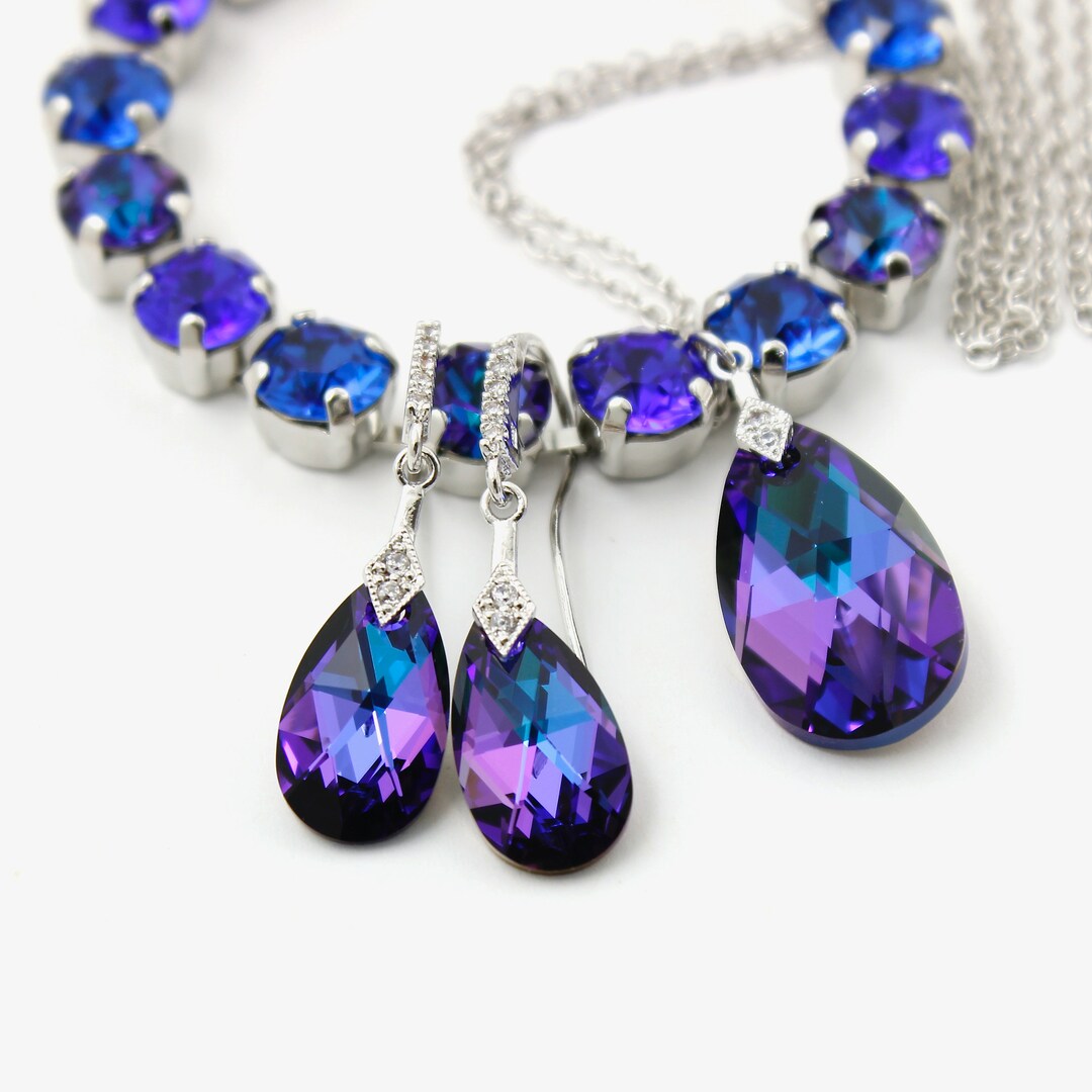 Purple Blue Jewelry Set White Gold Necklace Earrings - Etsy