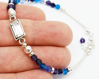 Blått lila armband sterlingsilver 925 delikat justerbar pärlkristall casual armband, safir boho rörarmband, marsgåva för kvinnor