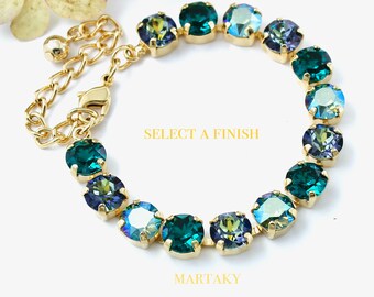 Peacock Bracelet, Green Blue Tennis Bracelet, Multicoloured Crystal Bracelet, Adjustable Bracelet,Montana Emerald Bridal Bridesmaids Jewelry