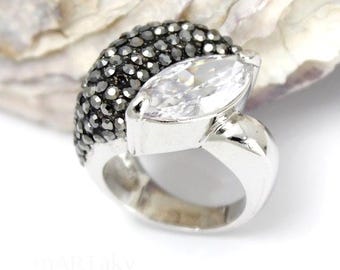 Anillo de dedo con diamante negro y cristal marquesa transparente, anillo de cóctel llamativo, joyería elegante de diamantes de imitación, regalo para mujer