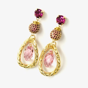Pink Long Earrings Gold, Chandelier Fuchsia Rose Crystal Post, Fashion Bridal Jewelry, Hoop Goth Stud, Women Gift Anniversary