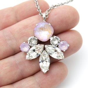 Pastel Pink Opal Crystal Necklace Pendant, Drop Rhinestone Crystal Pendant, White Crystal Lavender Pendant Necklace, Bridal Bohemian Jewelry image 1