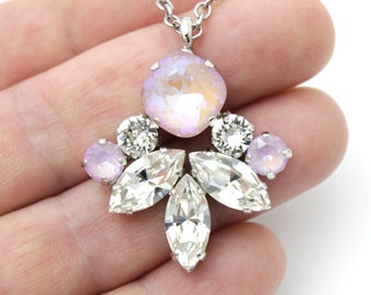 Collana con ciondolo a forma di fiore in cristallo di opale rosa: marquise bianco, strass a cuscino quadrato, sposa, gioielli fatti a mano, placcato in oro bianco, regalo da donna