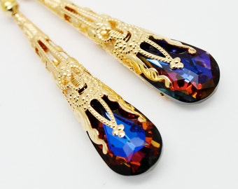 Multicolored Crystal Steampunk Gold Long Earrings Cobalt Blue Topaz Purple Victorian Earrings, Bridesmaids Bridal Wedding Goth Jewelry,