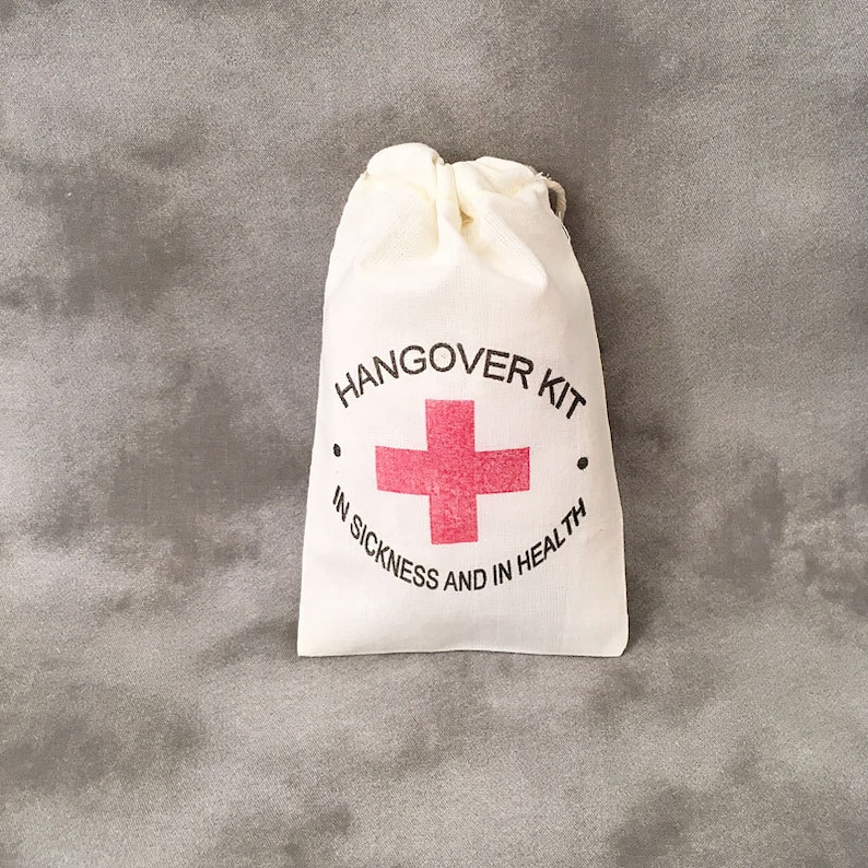 Hangover Kit Set of 10 Muslin Bags Wedding Favor Bags Bachelor Bag Bachelorette Party Red Cross Cotton Muslin Drawstring Bags