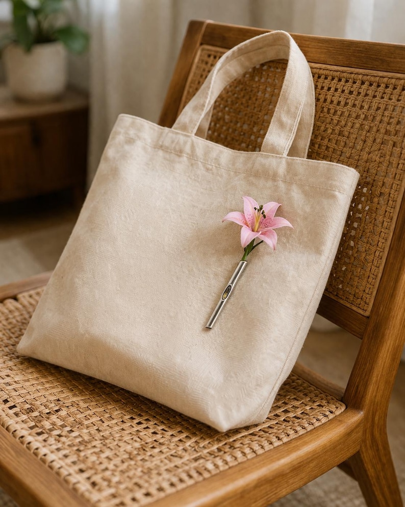 May include: A beige tote bag with a pink lily in a silver bud vase rests on a wooden chair with a woven seat. The bag has two handles and appears to be made of a soft, textured fabric. The chair has a light brown finish.