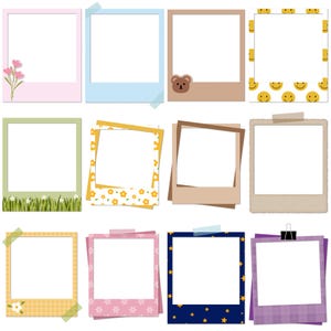 Peut inclure: Ensemble de 10 cadres photo vierges avec des bordures de couleurs différentes et des motifs décoratifs. Les cadres sont disposés en grille.