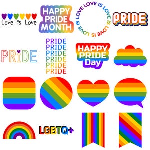 Op de afbeelding: Een verzameling kleurrijke Pride-thema graphics. De afbeelding bevat tekst zoals "Love is Love", "Happy Pride Month" en "Happy Pride Day". Er zijn ook regenboog gestreepte vormen, waaronder harten, cirkels en tekstballonnen, en een regenboog.